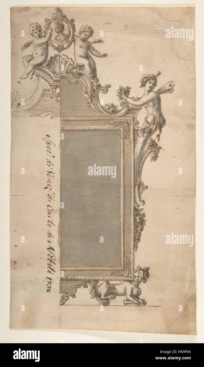 Design for Mirror Frame. Artist: Giovanni Battista Natali III (Italian, Pontremoli, Tuscany 1698-1765 Naples). Dimensions: sheet: 13 3/4 x 8 in. (34.9 x 20.3 cm). Date: ca. 1720-40.  This beautiful design for a mirror was made by the Italian artist Giovanni Battista Natali III. He has drawn one half of the mirror in full detail, and only suggested certain details for the other half where changes to the design could be considered. The mirror is rendered in a late Baroque style, which places it relatively early in Natali's career. His later designs show the emergence of the new Rococo style whic Stock Photo