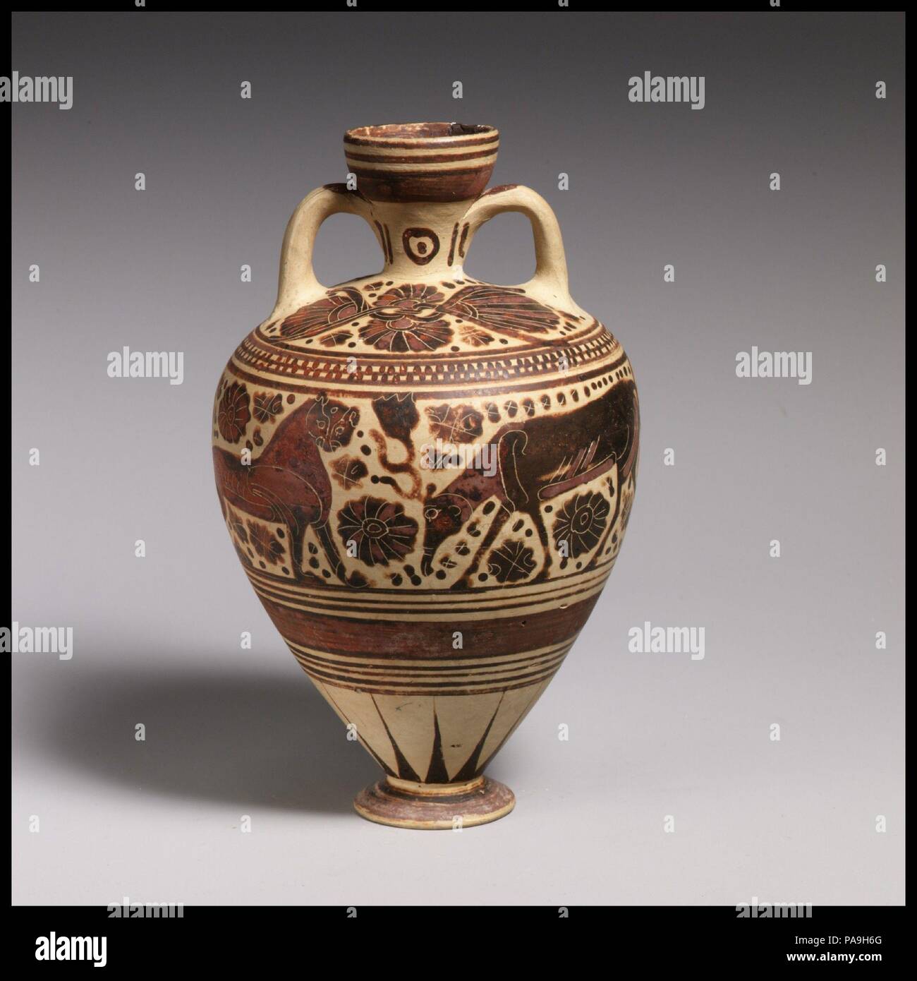 Terracotta Amphoriskos Perfume Vase Culture Greek Corinthian Dimensions H 7 3 8 In 18 8 Cm Date Ca 575 550 B C On The Body Fallow Deer And Panthers On The Shoulder Goat And Palmette Cross Museum
