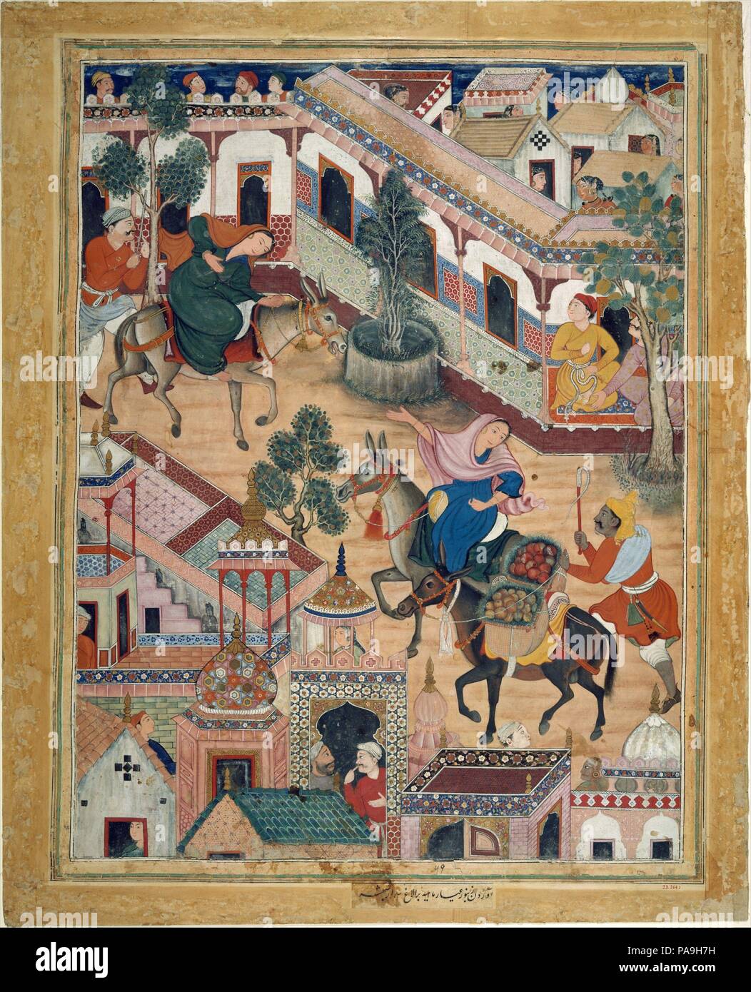 'The Spy Zambur Brings Mahiya to the City of Tawariq', Folio from a Hamzanama (Book of Hamza). Artist: Attributed to Kesav Das (active ca. 1570-1604); Attributed to Mah Muhammad (active 1570s). Dimensions: H. 29 1/8 in. (74 cm)  W. 22 1/2 in. (57.2 cm). Date: ca. 1570.  The <i>Hamzanama</i> tells the fantastic story of Hamza, an uncle of the Prophet, who traveled the world spreading the teachings of Islam. The story was a popular subject for public recitation in coffeehouses, so exciting and full of fantastic elements were the tales. The young emperor Akbar commissioned an illustrated version  Stock Photo