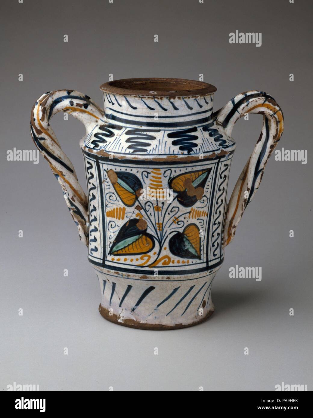 Apothecary Jar (albarello). Culture: Italian, probably Florence or vicinity. Dimensions: H. 8 7/16 in. (21.4 cm). Date: ca. 1470-90. Museum: Metropolitan Museum of Art, New York, USA. Stock Photo