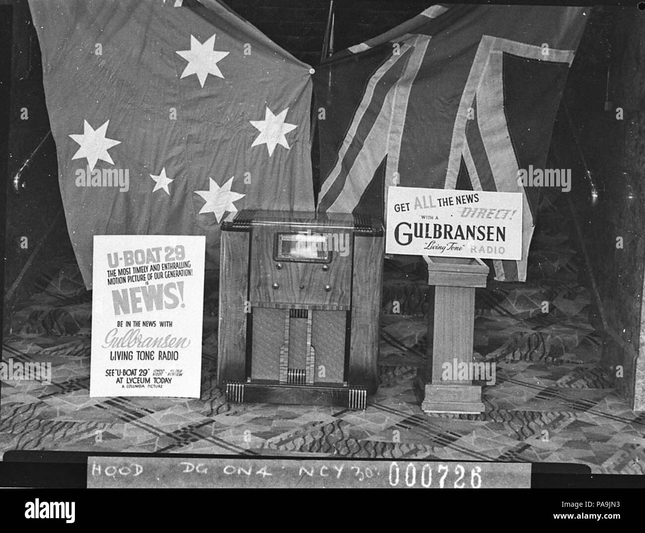 237 SLNSW 12447 Display promoting Gulbransen Living Tone radio and UBoat 29 for Columbia Pictures Ltd Stock Photo