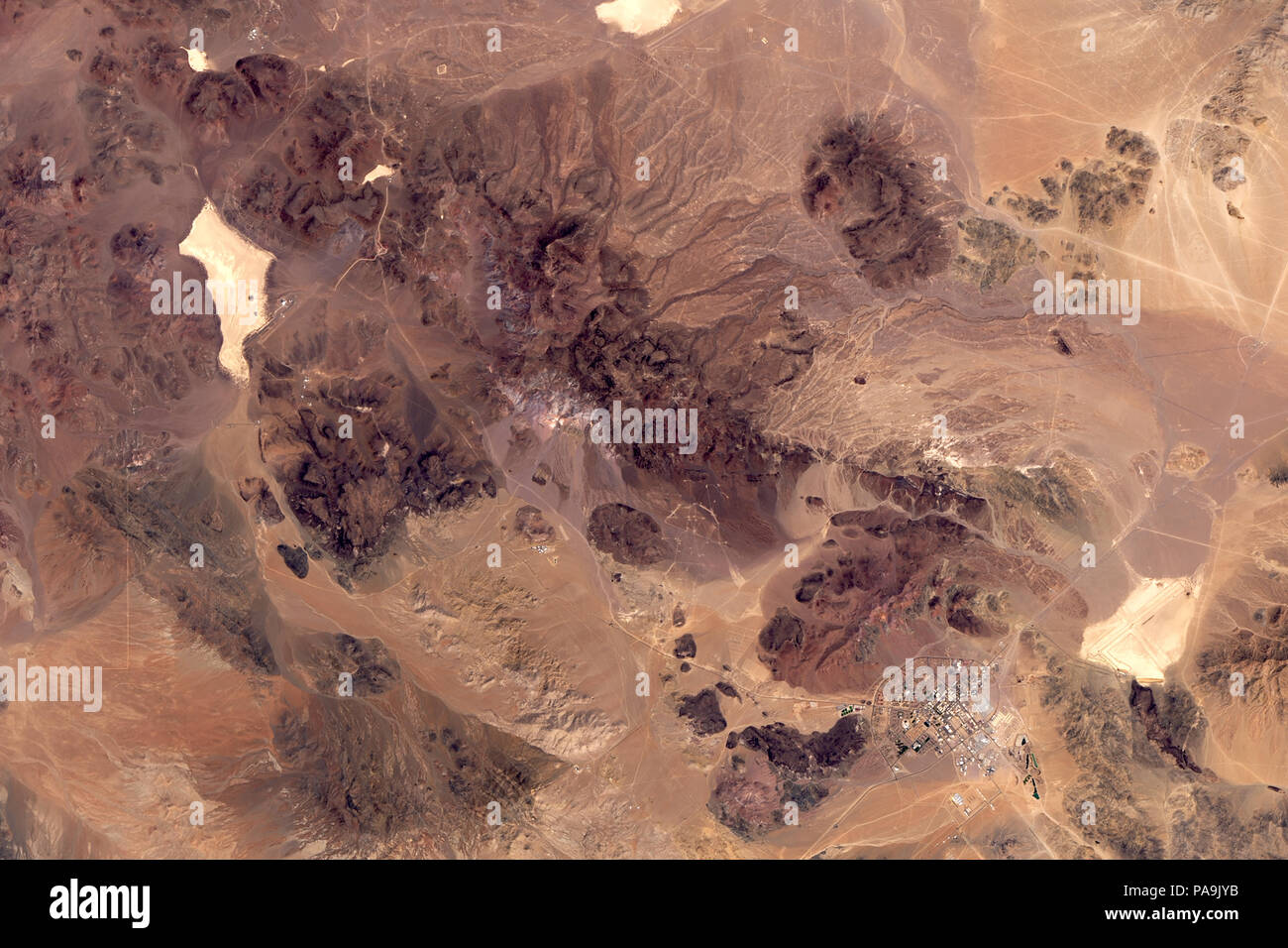 NASA satellite image of NASA radio antennas and stations in Mojave desert, Fort Irwin and Goldstone ghost town, USA 4 May 2018 Stock Photo