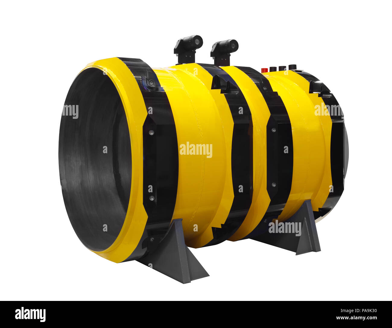 New yellow pipe of the main gas pipeline of large diameter and high pressure with telemetry and flow sensors prepared cutaway isolated on white backgr Stock Photo