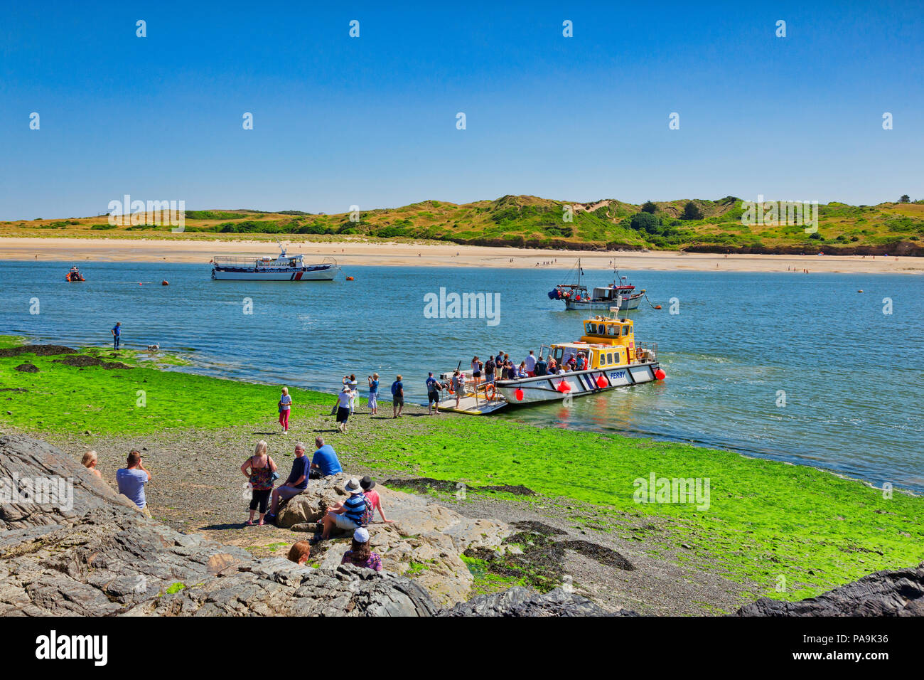 26 June 2018: Padstow, Cornwall UK - Passengers  at the Padstow to Rock Ferry, which crosses the River Camel. Stock Photo