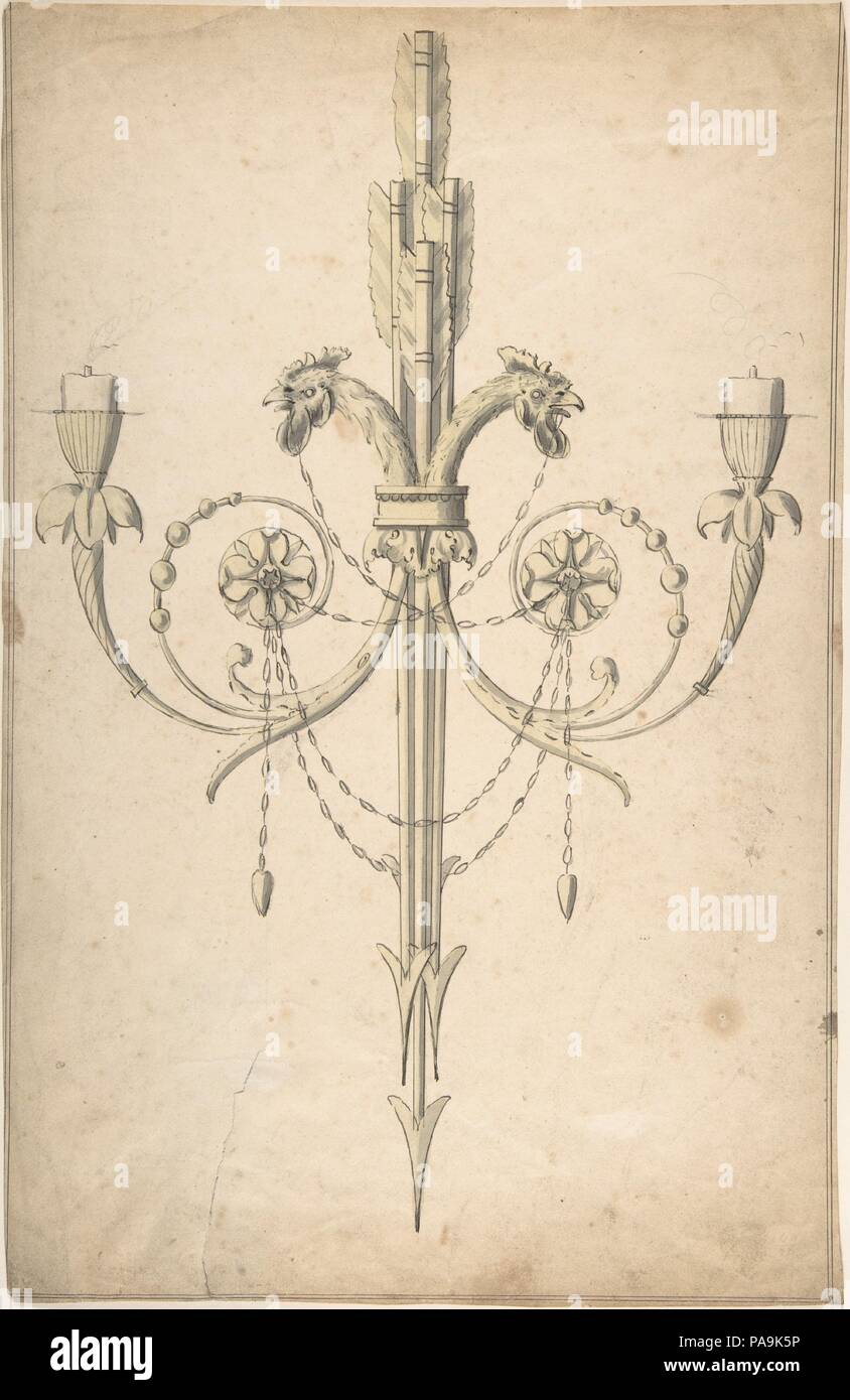 Design for a Girandole Composed of Three Clasping Arrows and Candle-branches Terminating in Cockerel Heads. Artist: Sir William Chambers (British (born Sweden), Göteborg 1723-1796 London). Dimensions: sheet: 15 15/16 x 10 1/2 in. (40.5 x 26.6 cm). Date: 1743-97. Museum: Metropolitan Museum of Art, New York, USA. Stock Photo