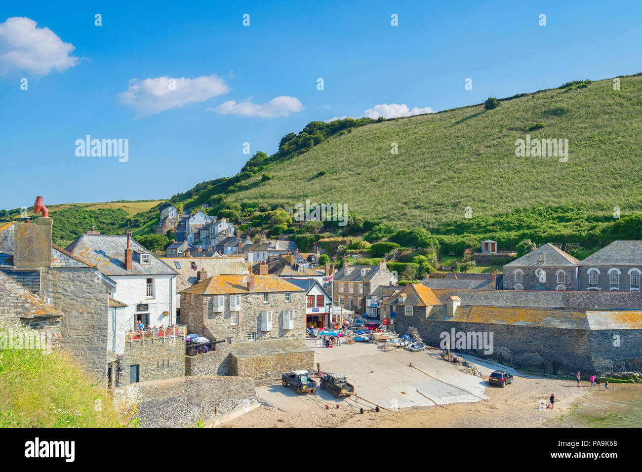 29 June 2018: Port Isaac, Cornwall, UK - The village and slipway during the summer heatwave. The village is used as the location for the TV series Doc Stock Photo