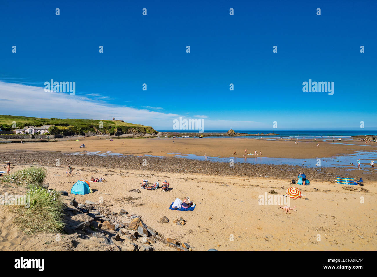 30 June 2018: Bude, Cornwall, UK -  Summerleaze  beach during the June heatwave. Stock Photo