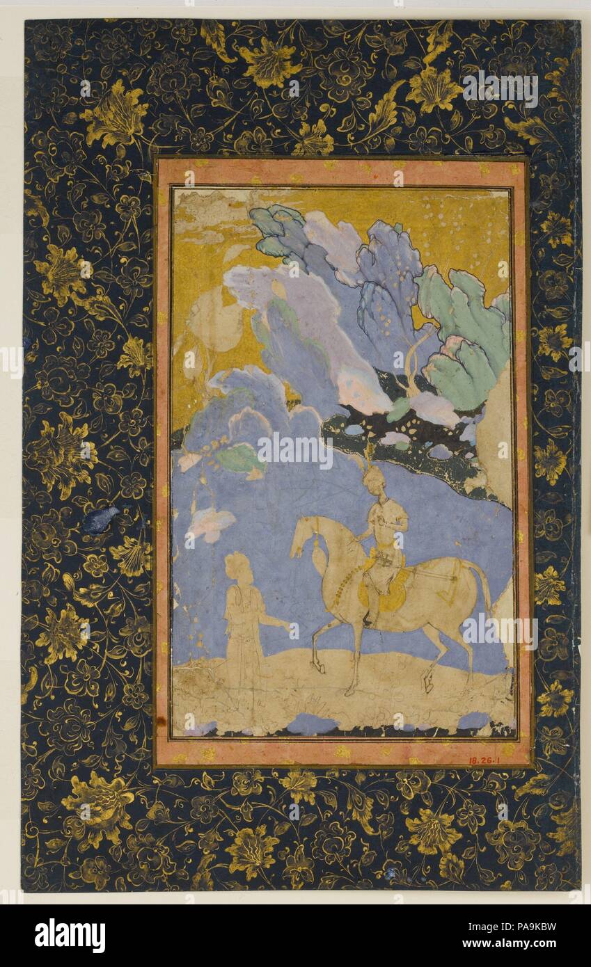 Meeting of a Prince and Poet. Dimensions: Page: H. 13 5/8 in. (34.6 cm)    W. 8 3/4in. (22.2cm)  Mat size: H. 19 1/4 in. (48.9 cm)   W. 14 1/4 in. (36.2 cm). Date: mid-16th century.  This unfinished work depicts the meeting of a noble young horseman and an older man on foot. Although no rulings for text blocks appear on the page, it may well have been conceived as a manuscript illustration in which a princely figure enounters a humble subject who dispenses useful philosophy.  After outlining the figures and foreground elements, the artist painted the gold sky and the rocky landscape. Before pa Stock Photo