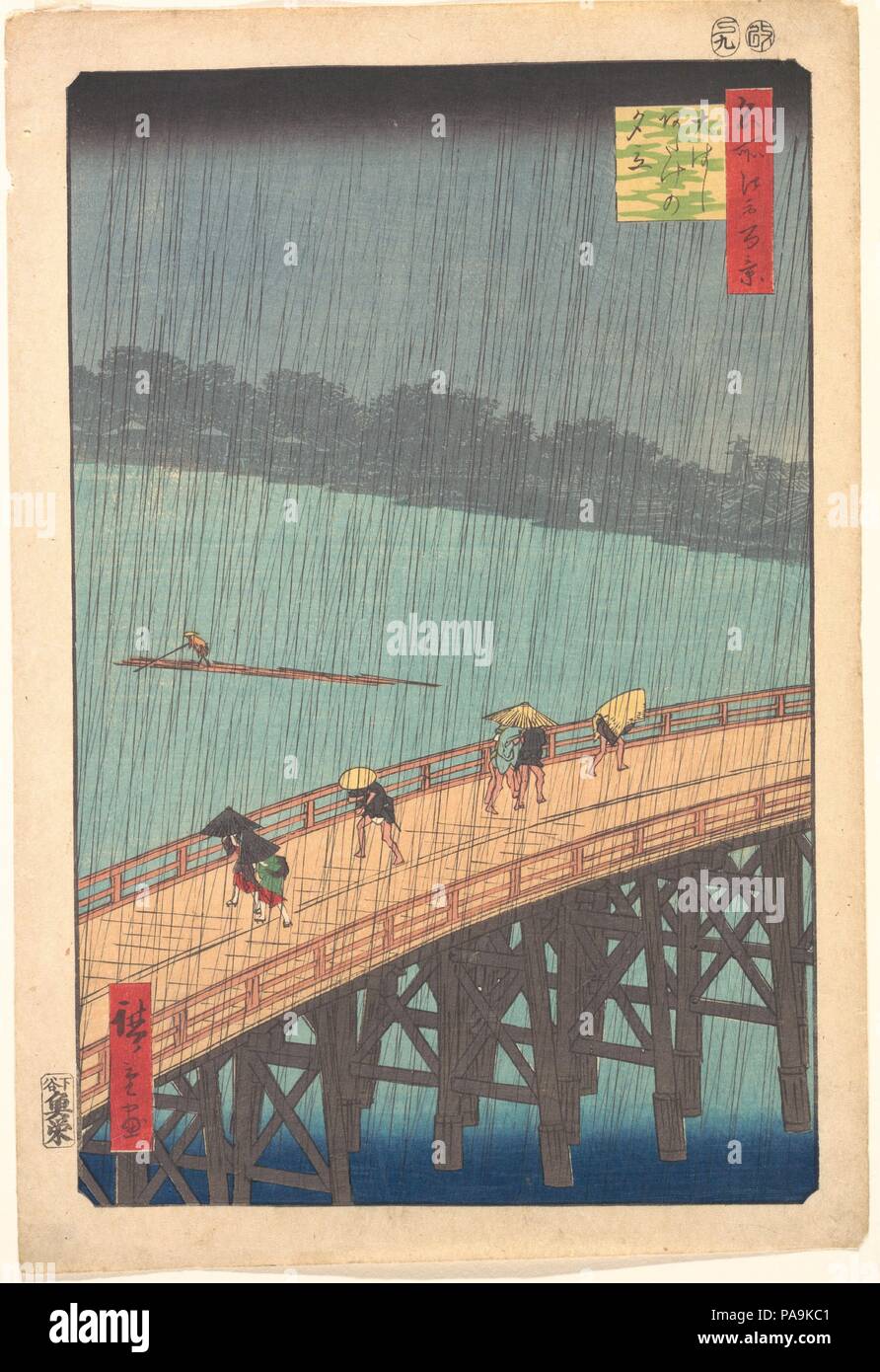 Ohashi Atake no yudachi  Sudden Shower over Shin-Ohashi Bridge and Atake (Ohashi Atake no yudachi), from the series One Hundred Famous Views of Edo (Meisho Edo hyakkei). Artist: Utagawa Hiroshige (Japanese, Tokyo (Edo) 1797-1858 Tokyo (Edo)). Culture: Japan. Dimensions: Oban 13 3/8 x 9 1/2 in. (34 x 24.1 cm). Date: 1857.  The heavens open. The sudden shower, a favorite subject of Edo haiku poets and ukiyo-e artists, is often depicted with a crisscrossing pattern of fine lines of rain--a difficult woodblock technique. Here, the netlike pattern is superimposed over an intensely focused image of  Stock Photo