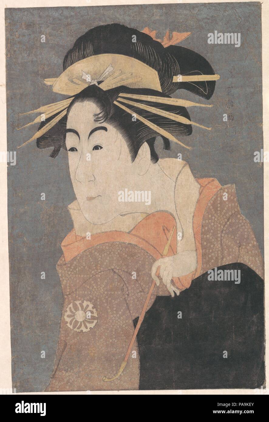 Matsumoto Yonesaburo as Kewaizaka no Shosho in the Play 'Katakiuchi Noriyaibanashi'. Artist: Toshusai Sharaku (Japanese, active 1794-95). Culture: Japan. Dimensions: 15 1/8 x 9 7/8 in. (38.4 x 25.1 cm). Date: ca. 1794.  This portrait features another actor impersonating a female character, in this case an oiran, or high-ranking courtesan, in the Yoshiwara pleasure quarters of Edo.  But there is another layer to this act: the character portrayed, Kewaizaka no Shosho, is here pretending to be another character in the play, Shinobu.  Kewaizaka affects the mannerisms of this haughty temptress with Stock Photo