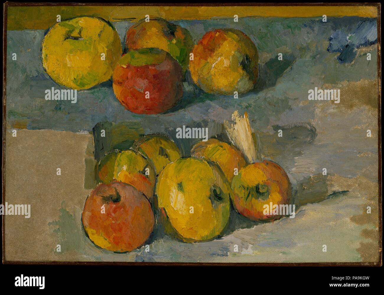 Apples. Artist: Paul Cézanne (French, Aix-en-Provence 1839-1906 Aix-en-Provence). Dimensions: 9 x 13 in. (22.9 x 33 cm). Date: 1878-79.    This composition combines two separate studies that are unrelated to any known painting by Cézanne. The brownish tone that covers areas at the lower left and along the right edge may have been added by Cézanne's dealer, Ambroise Vollard, who sold this picture to the painter Édouard Vuillard in exchange for one of the artist's own works. The present canvas is thought to date to 1878-79, but 1883-87 has also been proposed. Museum: Metropolitan Museum of Art,  Stock Photo