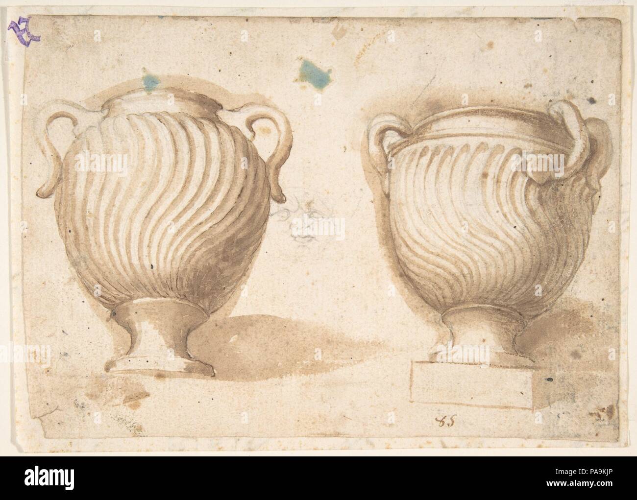 Two Antique Vases with Strigil Decorations. Artist: Anonymous, Italian, 18th century. Dimensions: 4-7/8 x 6-3/4 in. Date: 18th century. Museum: Metropolitan Museum of Art, New York, USA. Stock Photo