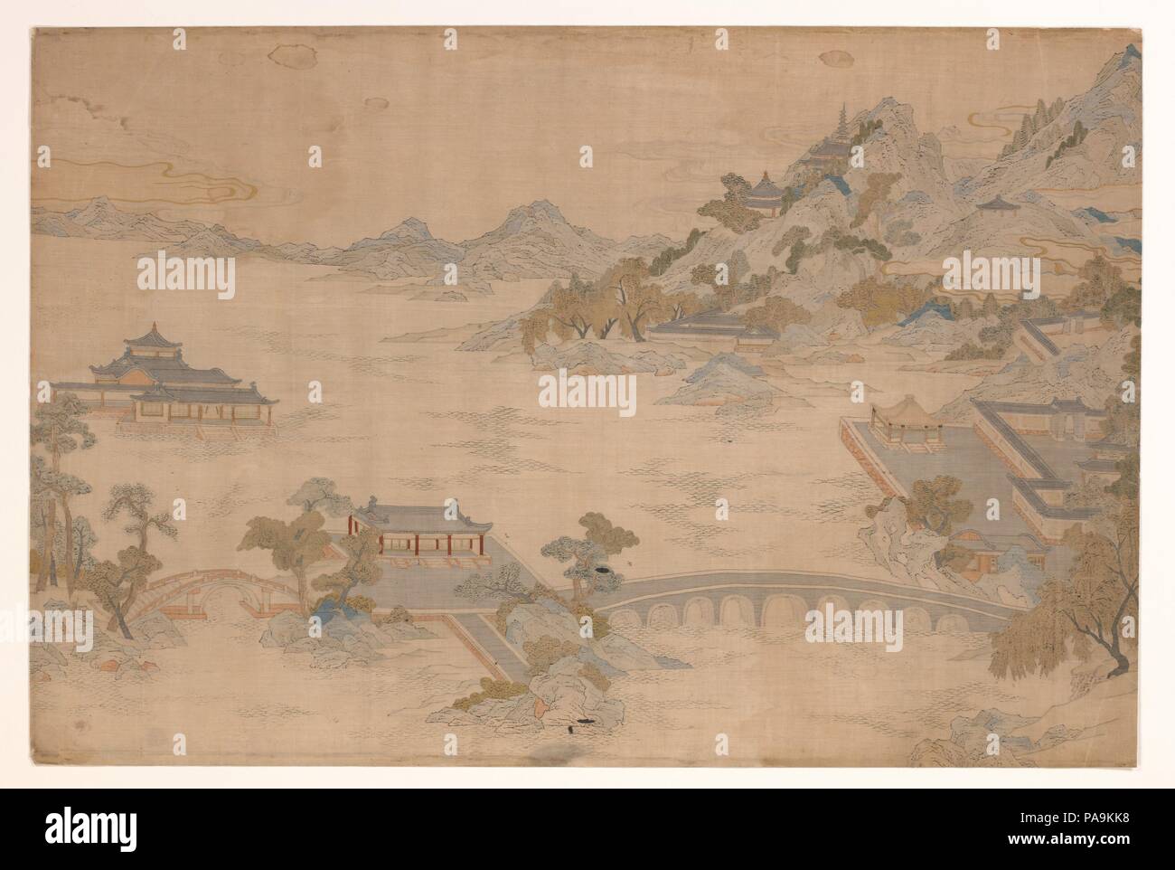 Panel with Landscape. Culture: China. Dimensions: Overall: 23 3/8 x 25 3/16 in. (59.4 x 64 cm). Date: late 18th century.  The scenes on these two panels depict magnificent gardens within green hills overlooking bodies of water. Although we cannot accurately identify them, the buildings and scenery are comparable to those found in eighteenth-century woodblock illustrations of the Old Summer Palace in Beijing and the Mountain Resort in Chengde. It seems likely that these two pieces were once part of a series representing imperial retreats. Museum: Metropolitan Museum of Art, New York, USA. Stock Photo