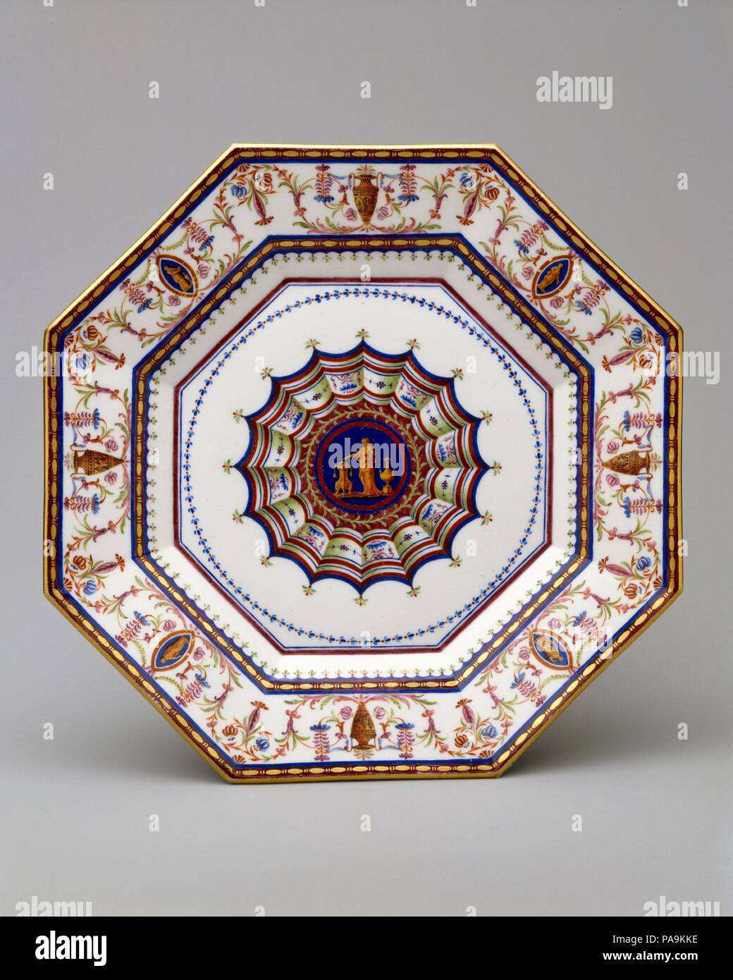 Plate (assiette octogone or assiette platte) from the "Service Arabesque".  Culture: French, Sèvres. Decorator: Jean Armand Fallot (French, active  1764-90). Designer: Louis Le Masson (French, 1743-1829). Dimensions:  Diameter: 9 3/8 in. (23.8