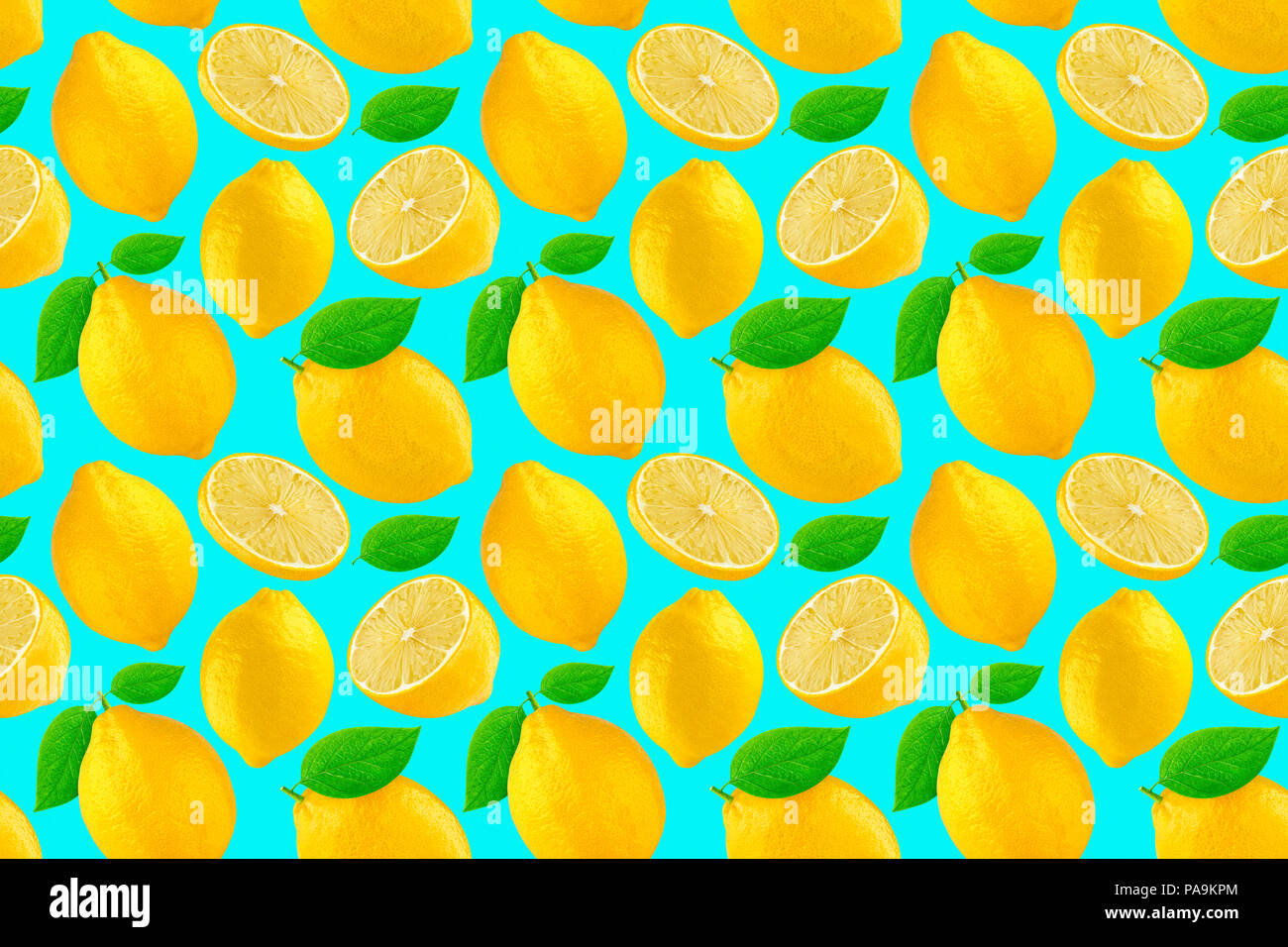 Seamless pattern with lemons. Lemon isolated on blue background. Stock Photo