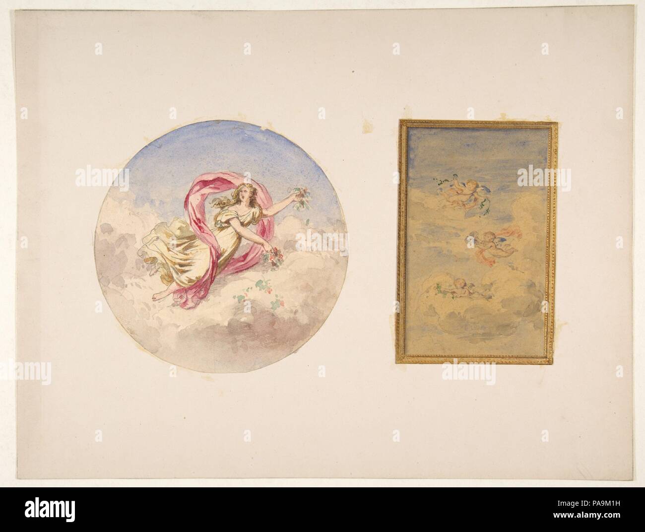 Two designs for the decoration of ceilings with figures in clouds. Artist: Jules-Edmond-Charles Lachaise (French, died 1897); Eugène-Pierre Gourdet (French, born Paris, 1820-1889). Date: 1830-97. Museum: Metropolitan Museum of Art, New York, USA. Stock Photo