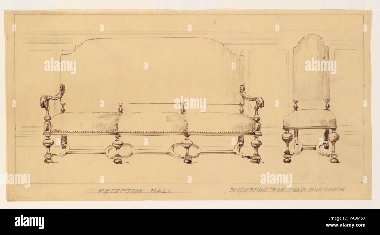 Design for furniture. Artist: Louis Comfort Tiffany (American, New York 1848-1933 New York). Culture: American. Dimensions: Overall: 9 1/16 x 17 9/16 in. (23 x 44.6 cm). Maker: Possibly Tiffany Glass and Decorating Company (American, 1892-1902); Possibly Tiffany Studios (1902-32); Possibly Tiffany Glass Company (1885-92). Date: ca. 1892-1920.  The chair and couch depicted in this drawing are in the style of seventeenth-century English seating furniture that colonists imported to the Americas in matching sets.  Placed in the reception hall of a Gilded Age private home or gentleman's social club Stock Photo