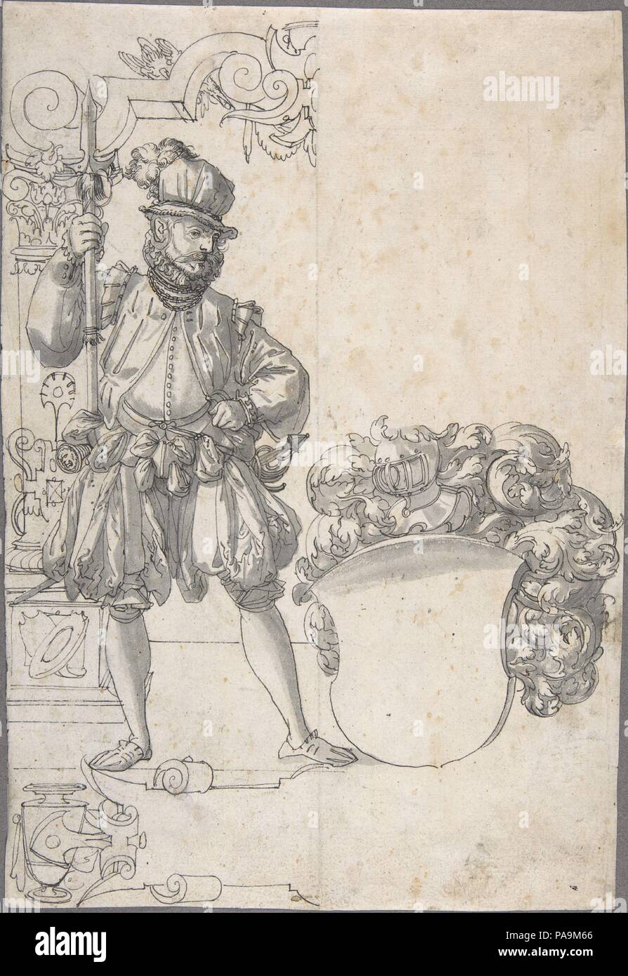 Design for Stained Glass: A Halbardier by an Unfinished Coat of Arms. Artist: Hans Jakob Plepp (Swiss, Biel ca. 1557/60-ca. 1597/98 Bern). Dimensions: 12 1/8 x 8 5/16 in.  (30.8 x 21.1 cm). Date: ca. 1570-80. Museum: Metropolitan Museum of Art, New York, USA. Stock Photo