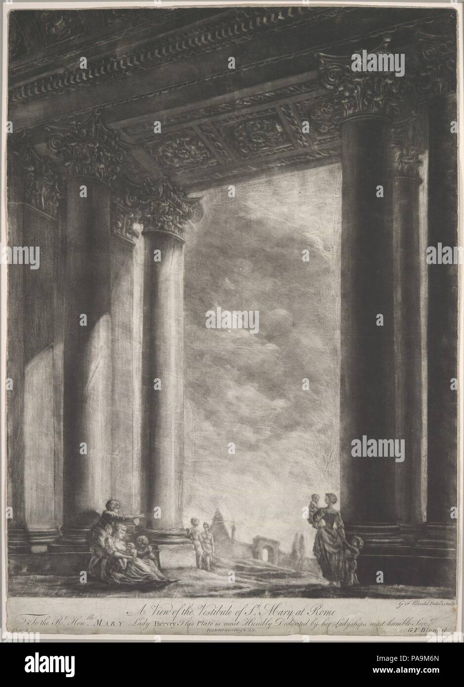 A View of the Vestibule of Santa Maria Maggiore at Rome. Artist and publisher: Georges François Blondel (French, 1730-after 1792). Dimensions: Sheet: 22 1/4 x 16 in. (56.5 x 40.6 cm). Published in: London. Date: 1765-67.  Georges-François Blondel was the son of a leading French architectural theorist Jacques-François Blondel. After training in Paris, he worked first in Rome and then in London, where he learned the technique of mezzotint engraving. This print depicts a celebrated structure of eighteenth-century Rome, Ferdinando Fuga's dramatic facade of the Church of Santa Maria Maggiore, compl Stock Photo