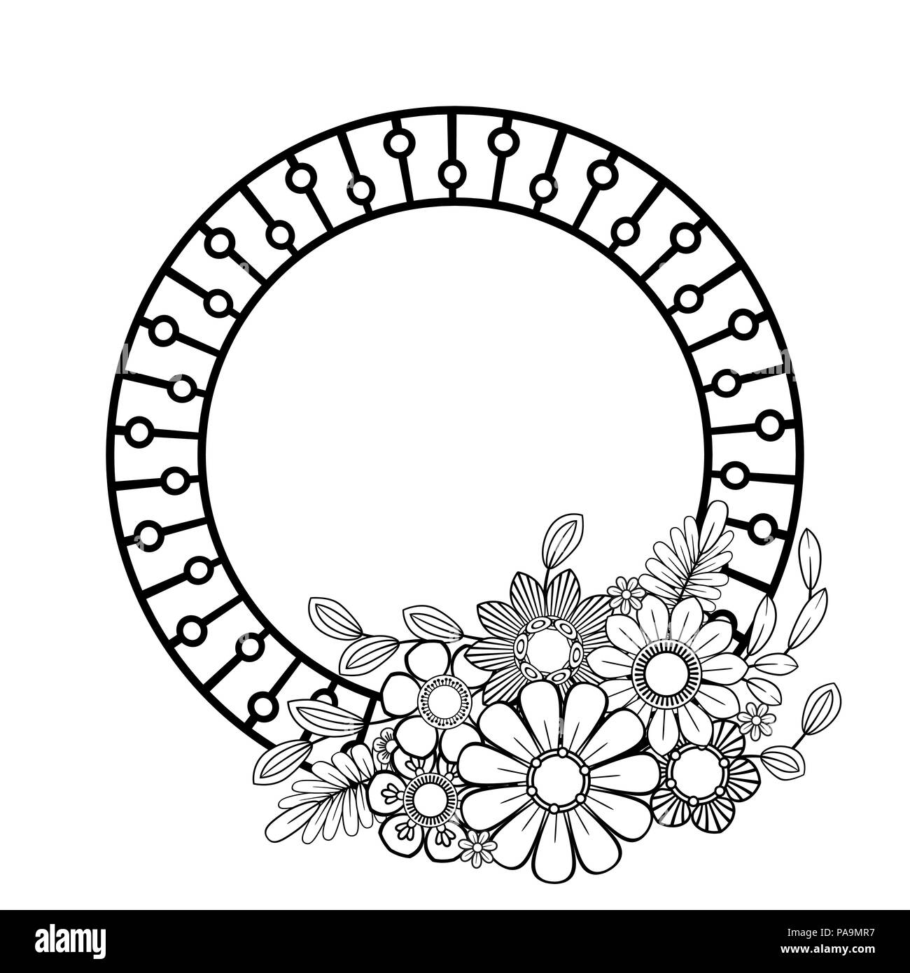 Flowers decorative frame. Isolated on white background. Floral monochrome ornament. Black and white vector illustration. Stock Vector