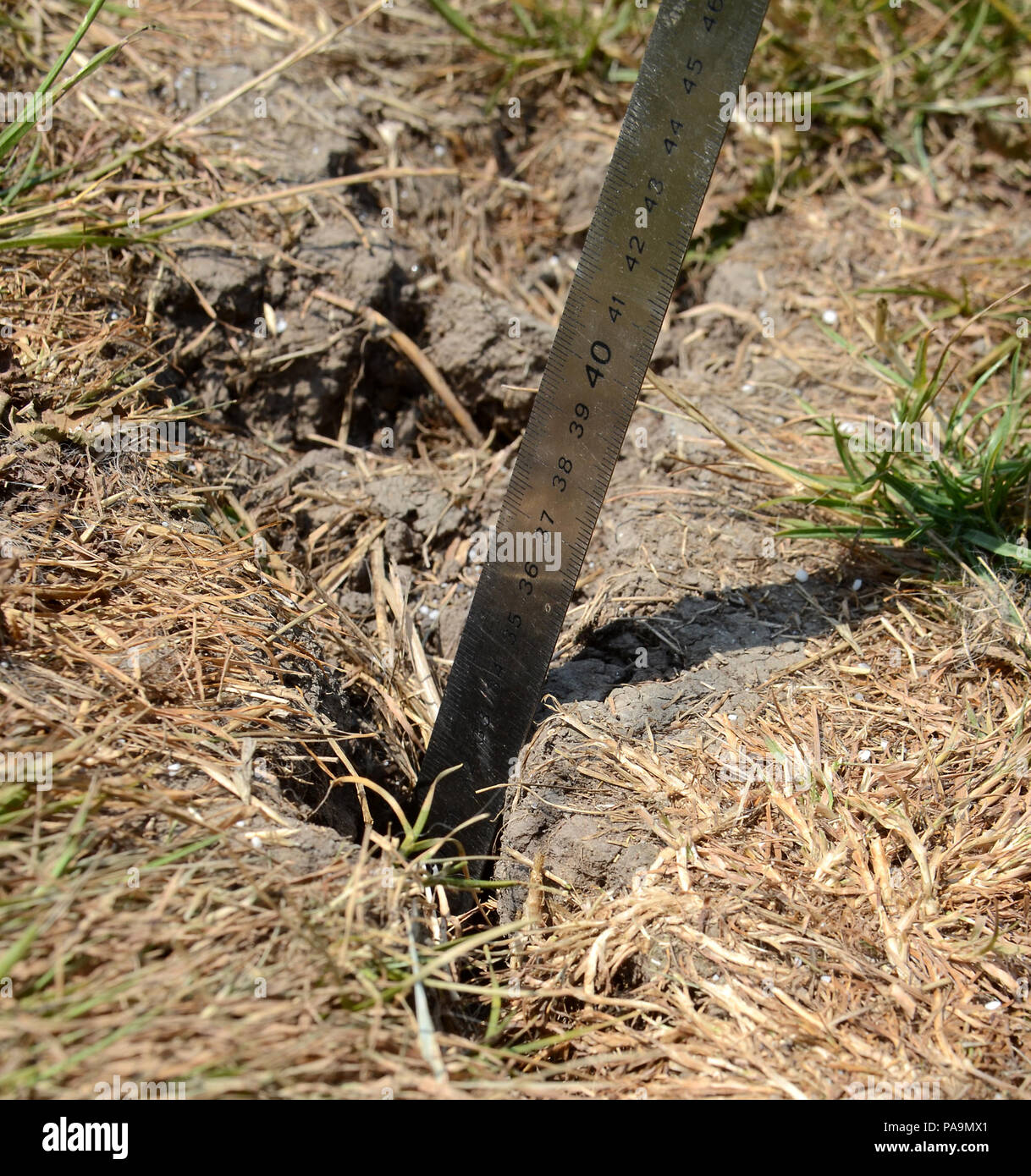The ground in a football field cracked because of dryness and no rain