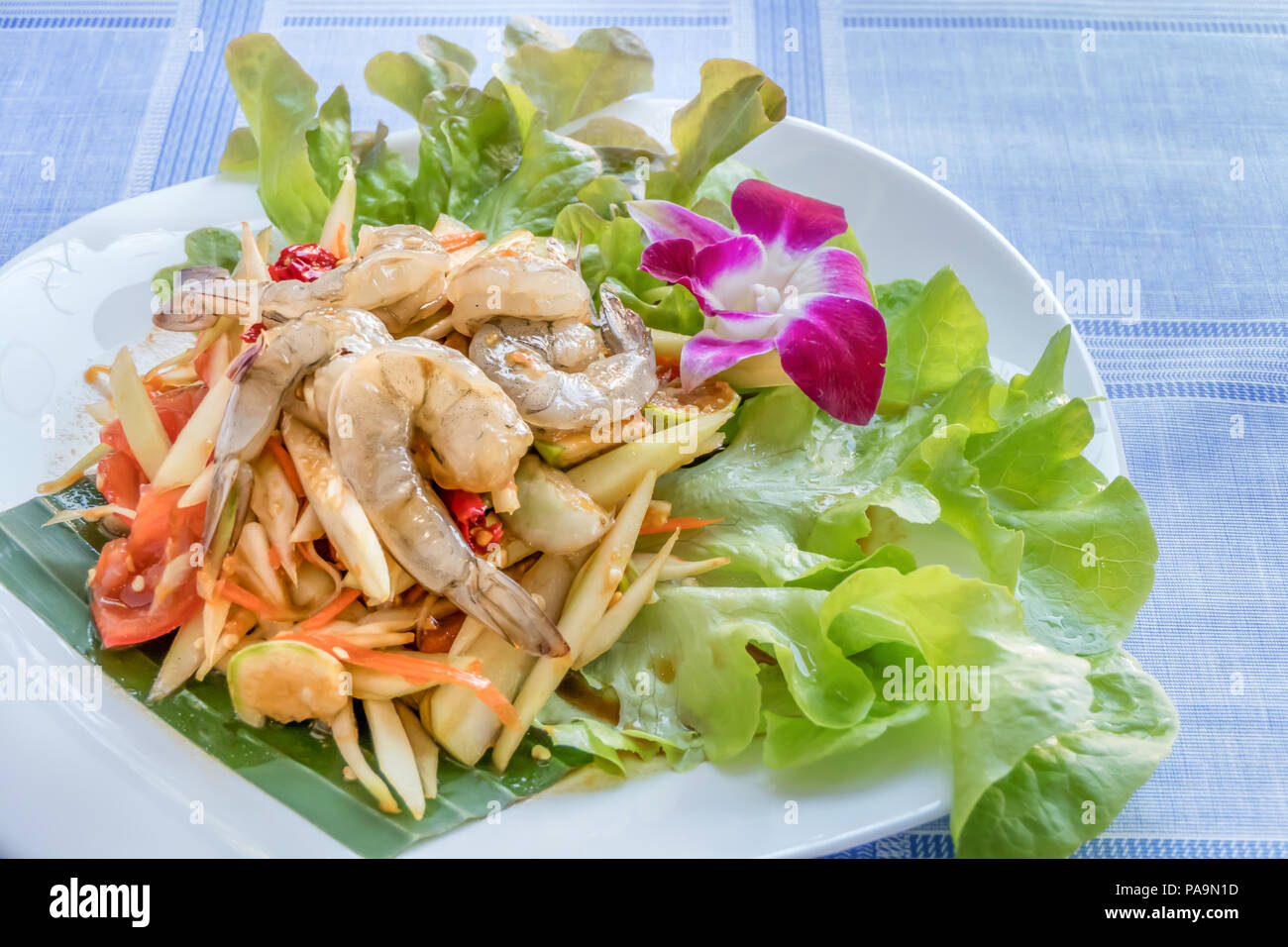 Traditional Thai Cuisine Spicy Green Papaya Salad With Shrimp Stock Photo Alamy