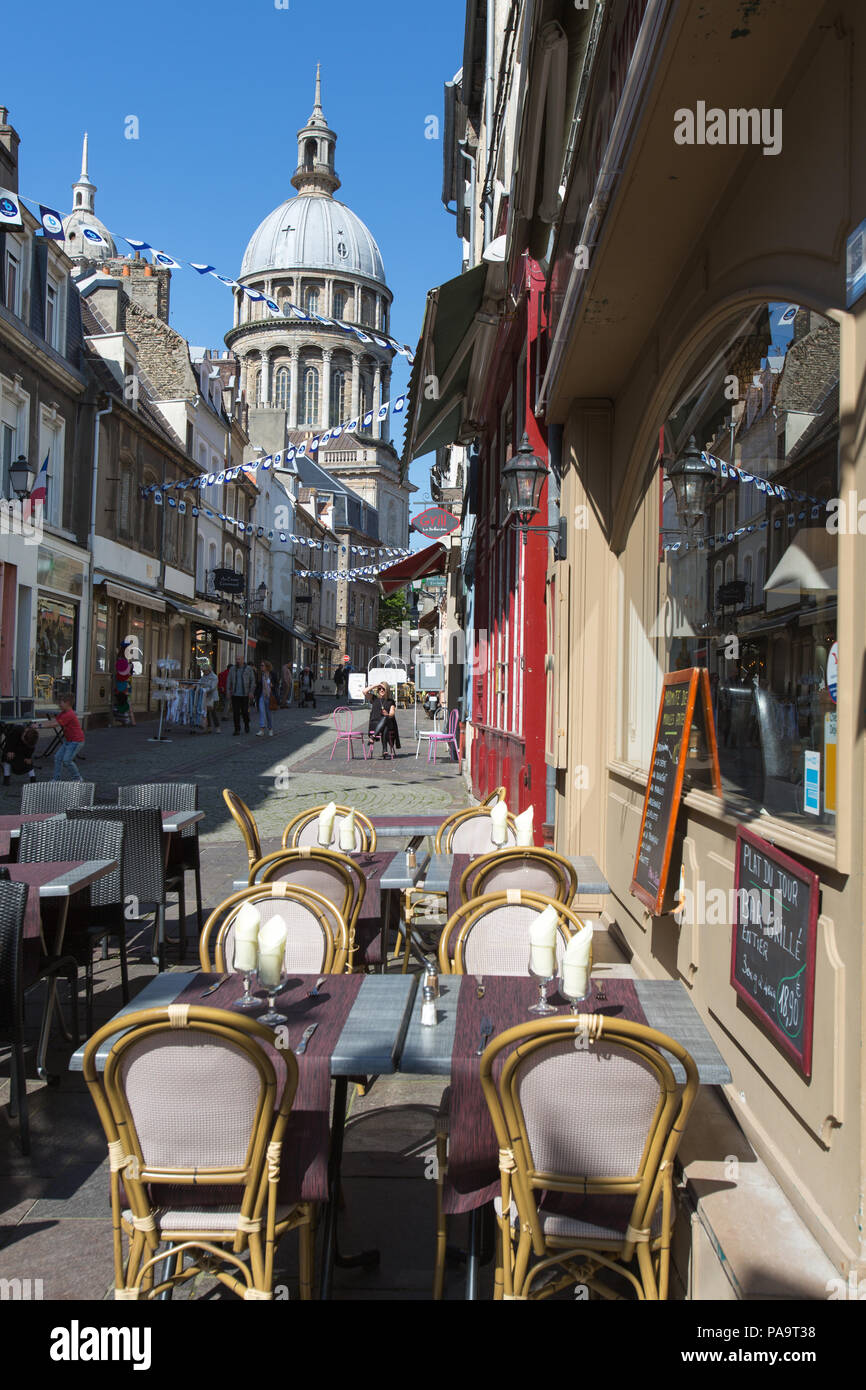 City of Boulogne-sur-Mer, France. Picturesque view of cafes, shops and restaurants in Boulogne-sur-Mer’s Haute Ville, at Rue de Lille. Stock Photo