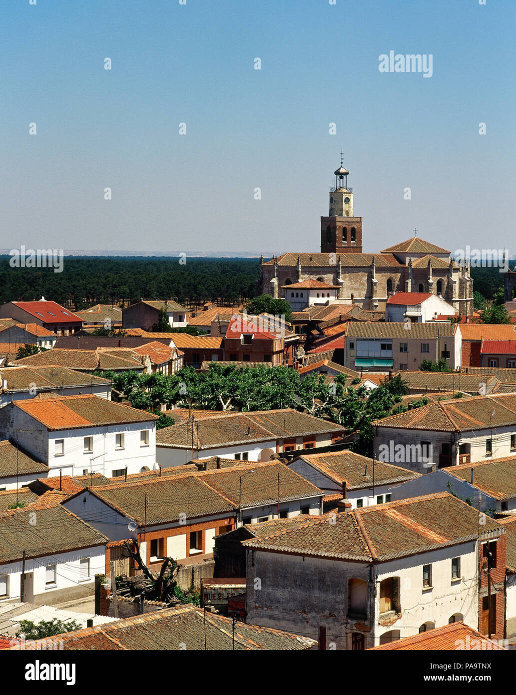 Coca, Segovia province, Castile and Leon, Spain. Panoramic of the town and church of Santa Maria la Mayor, whose construction was  completed in 1520. Stock Photo