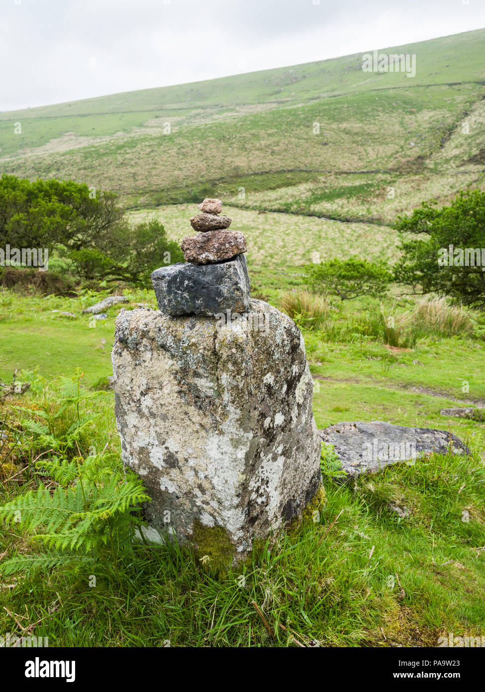 A rock cairn near Wistman's Wood National Nature Reserve, Dartmoor National Park, Devon, UK. Stock Photo