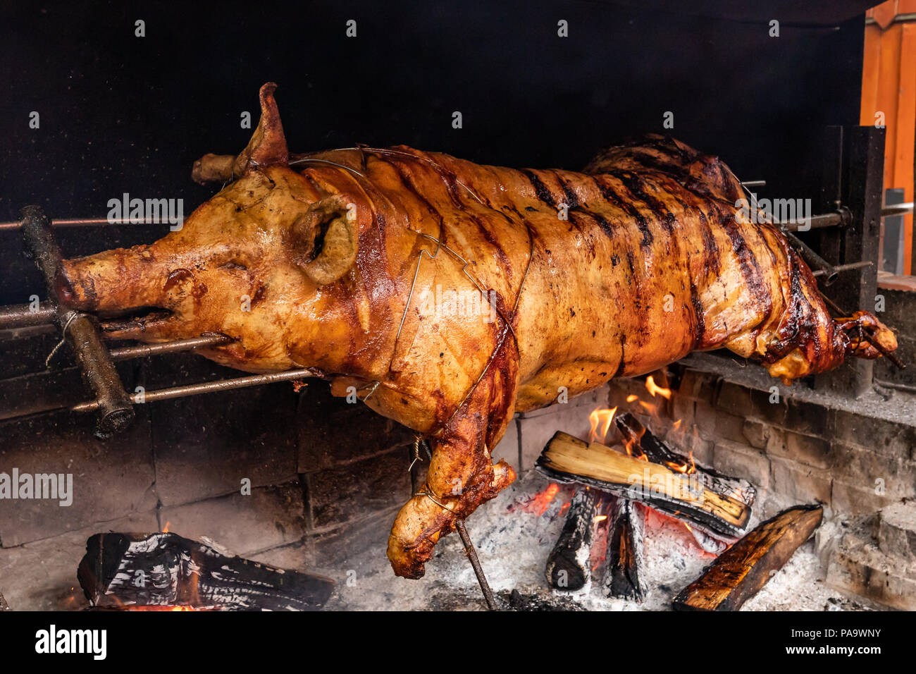 Grilled pork, barbecue meat cooked using traditional method with open