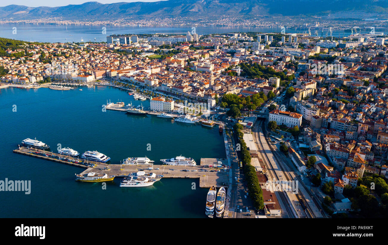 Aerial of the Port of Split and Old Split, Croatia Stock Photo