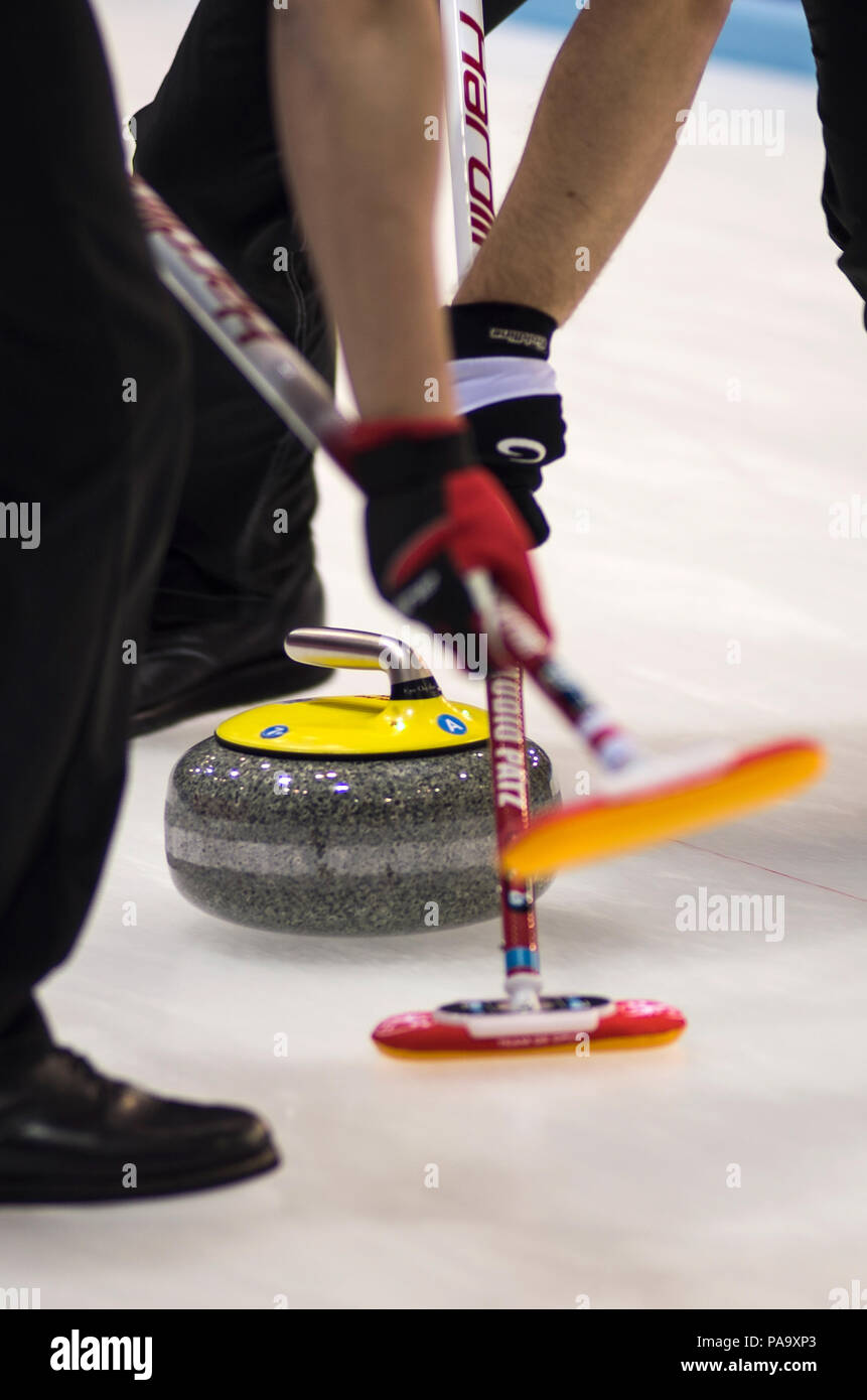 Glasgow, SCOTLAND,  'Sweeping', as an alignment point,  ''Round Robin',' Game, 'Le Gruyère European Curling Championship's', 2016 Venue, Braehead,  Sc Stock Photo