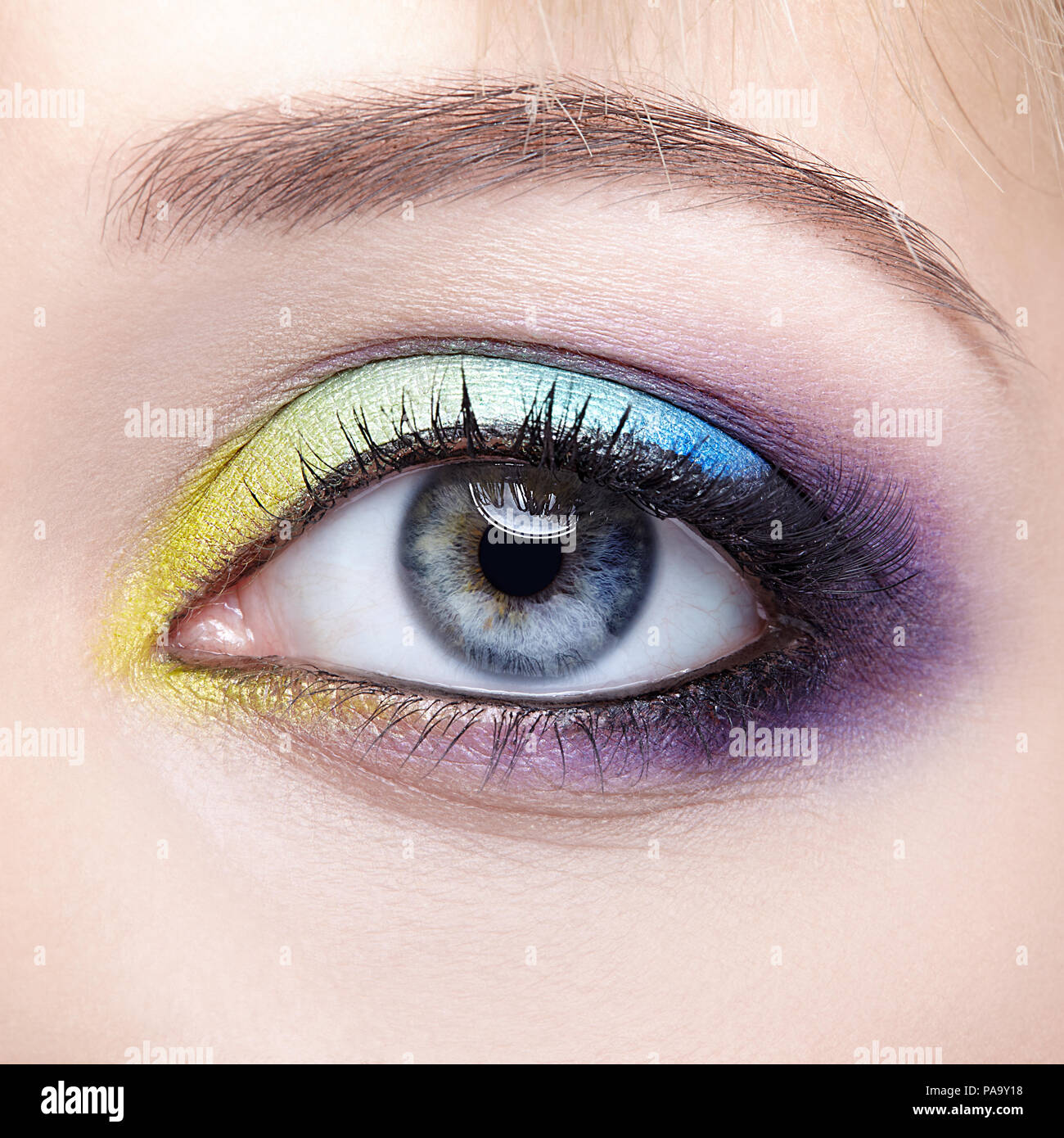 Closeup macro image of human female eye with violet shadows, blue and and yellow makeup Stock Photo