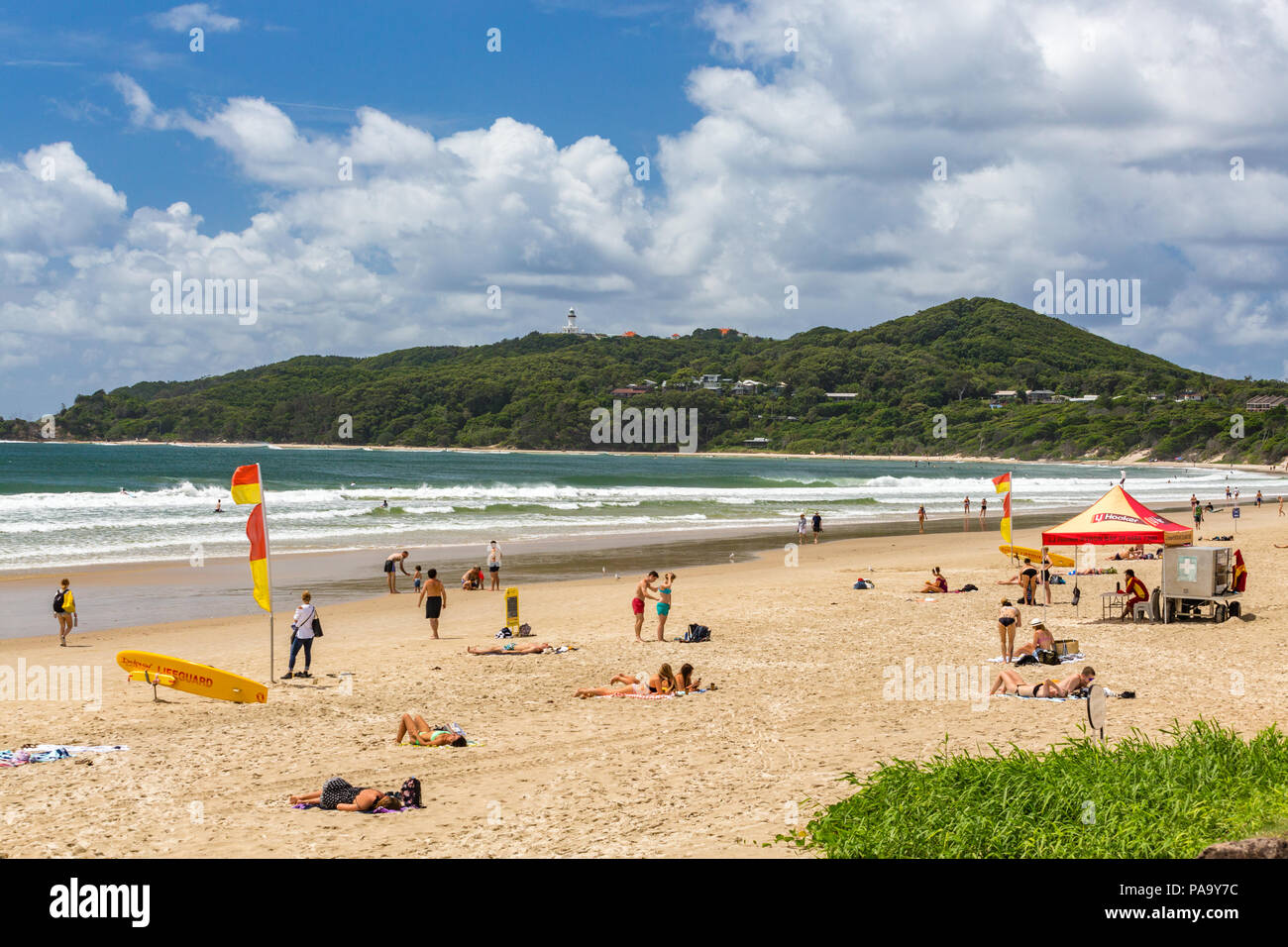 Main Beach at Byron Bay looking towards the lighthouse on Cape byron, NSW, Australia Stock Photo