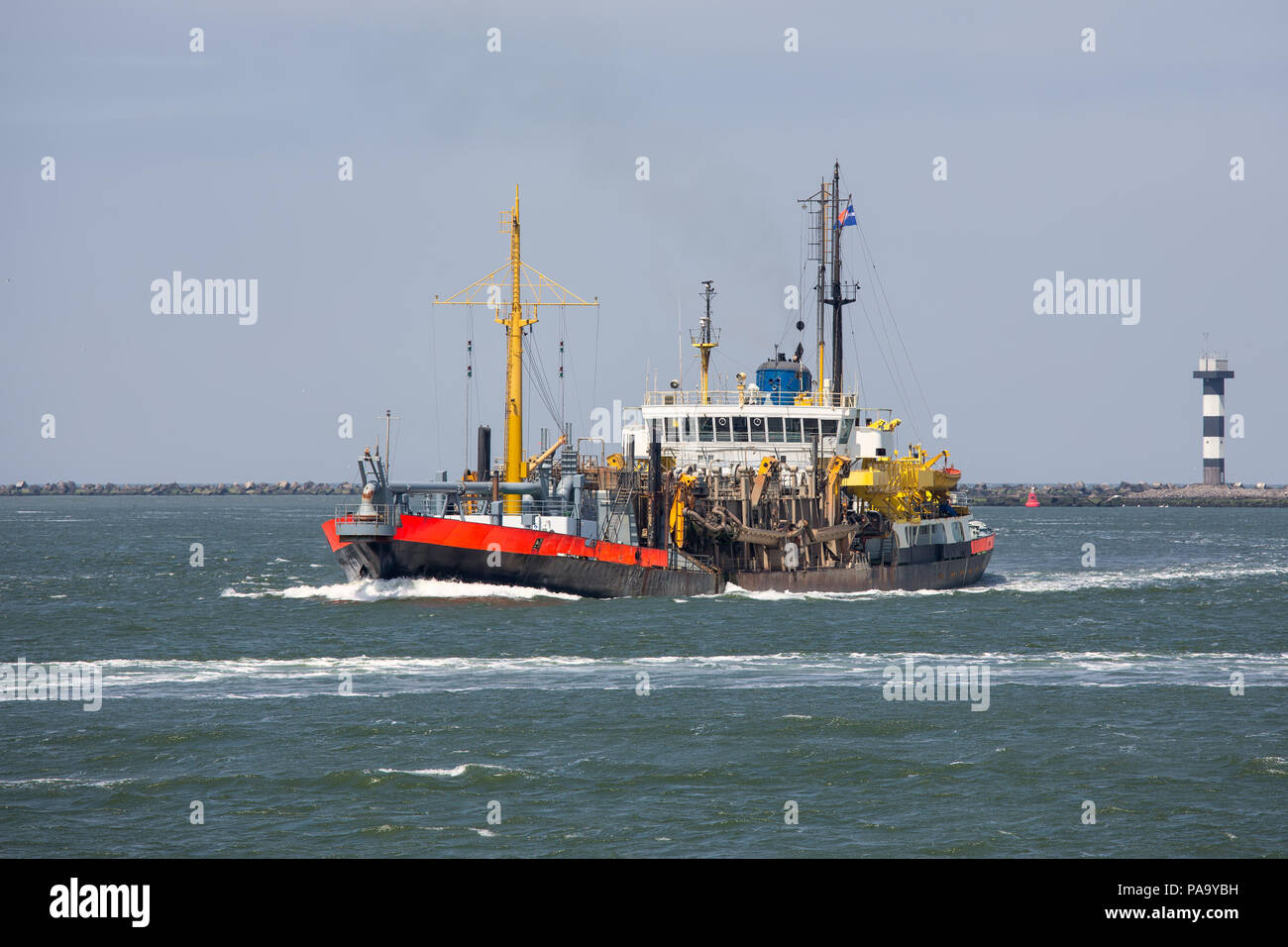 Dredge ship in Dutch harbor Rotterdam, biggest seaport of Europe Stock
