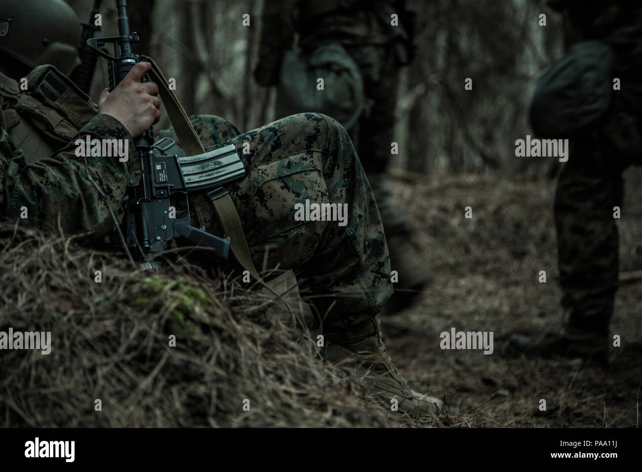A U.S. Navy Corpsman assigned to Field Medical Training Battalion East (FMTB-E), rests during a final exercise (FINEX) at Camp Johnson, N.C., March 1, 2016. FINEX is a culminating event at FMTB-E which transitions Sailors into the Fleet Marine Force. (U.S. Marine Corps photo by Sgt. James R. Skelton/Released) Stock Photo