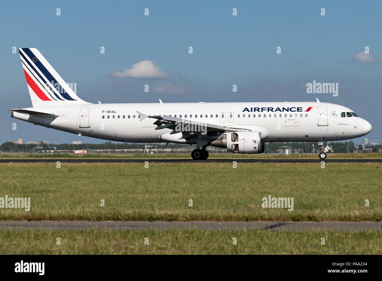 Air France A320-200 with registration F-GKXL just landed on runway 18R (Polderbaan) of Amsterdam Airport Schiphol. Stock Photo