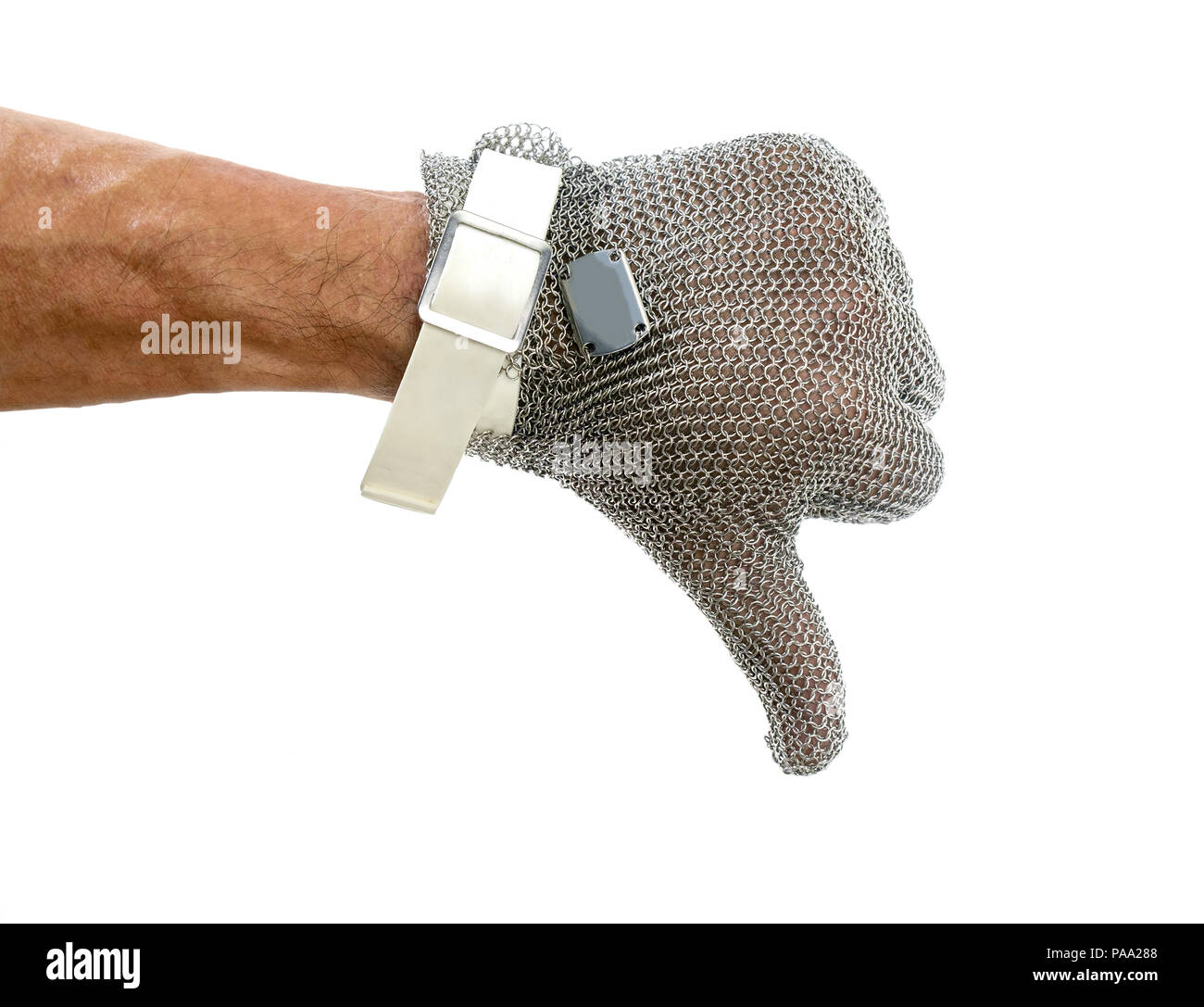 Hand with iron mesh glove on white background. Protection devices for industrial applications. Stock Photo