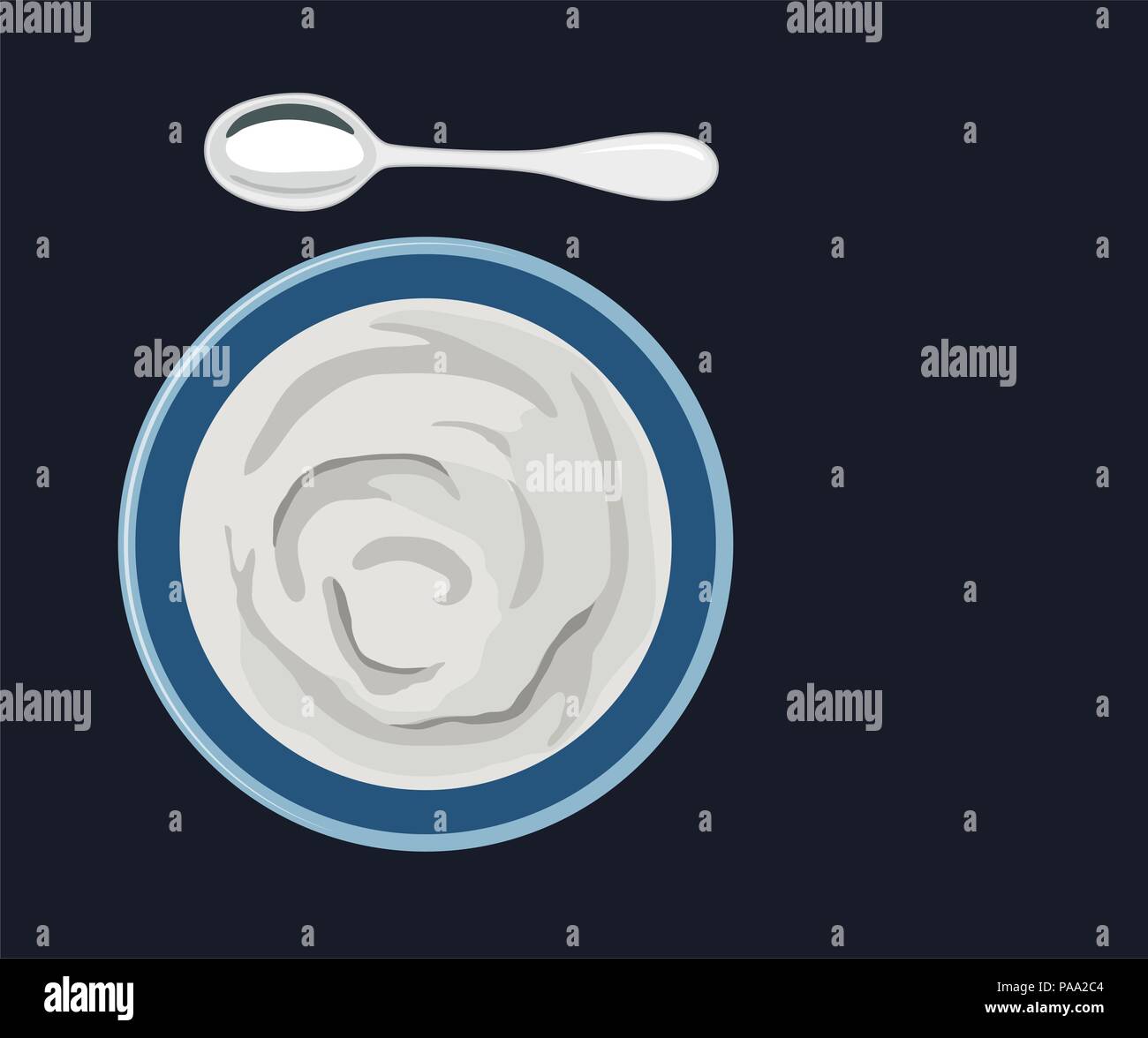 vector greek yogurt in a bowl with spoon isolated on black background. white homemade cream, top view. healthy greek dairy food concept. blue bowl wit Stock Vector