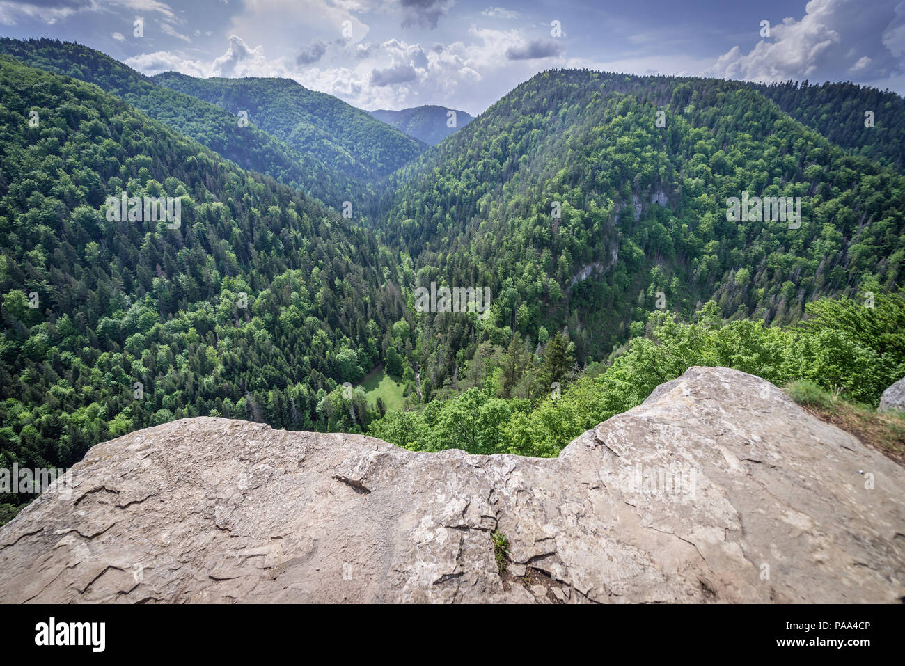 Edge of Tomasovsky Vyhlad viewing point on the left side of the Hornad River valley in Slovak Paradise National Park, Slovakia Stock Photo