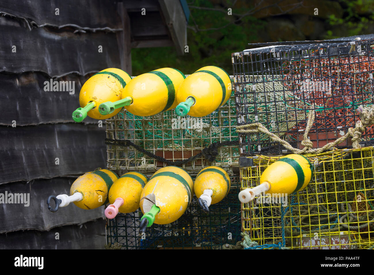 Lobster gear stored on a pier in South Bristol, Maine, USA Stock Photo