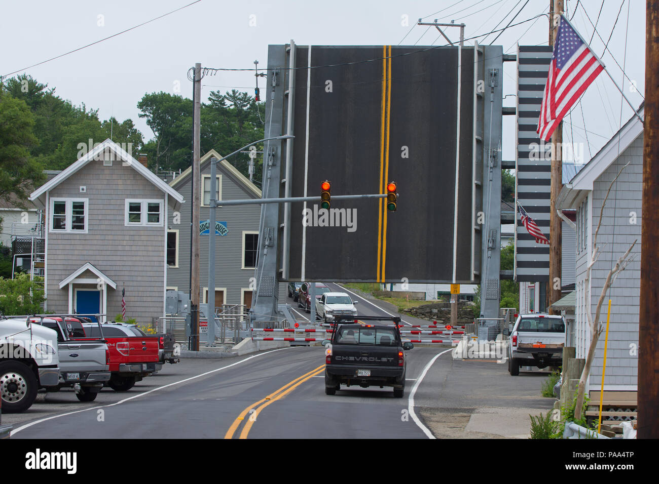The drawbridge in South Bristol, Maine in the upright position.  USA Stock Photo