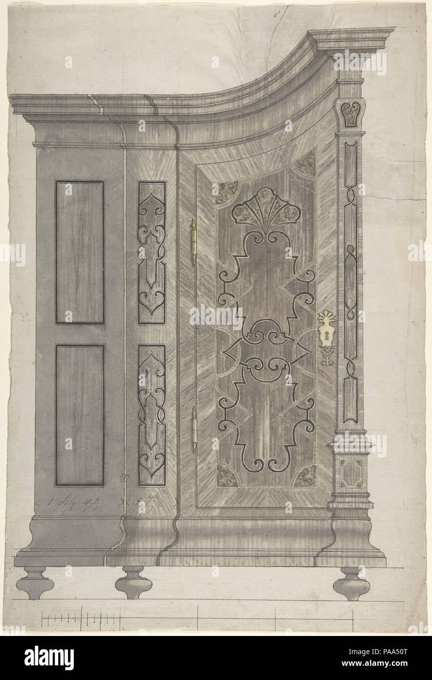 Design for a Concave Corner Cabinet (Possibly Part of a Larger Wall-Covering Unit). Artist: Anonymous, German, 18th century. Dimensions: sheet: 14 1/8 x 9 5/8 in. (35.8 x 24.5 cm). Date: ca. 1730-40.  Although at first sight this design for a cabinet may appear somewhat strange, a second view tells us that we're looking at the somewhat flattened perspectival view of a concave corner cabinet. A very similar shaped example can be found in the secret library of the Benedictine monastery at Ottobeuren (Schwaben, Germany), where it is part of a larger wall unit dated 1730. The decorations of both c Stock Photo