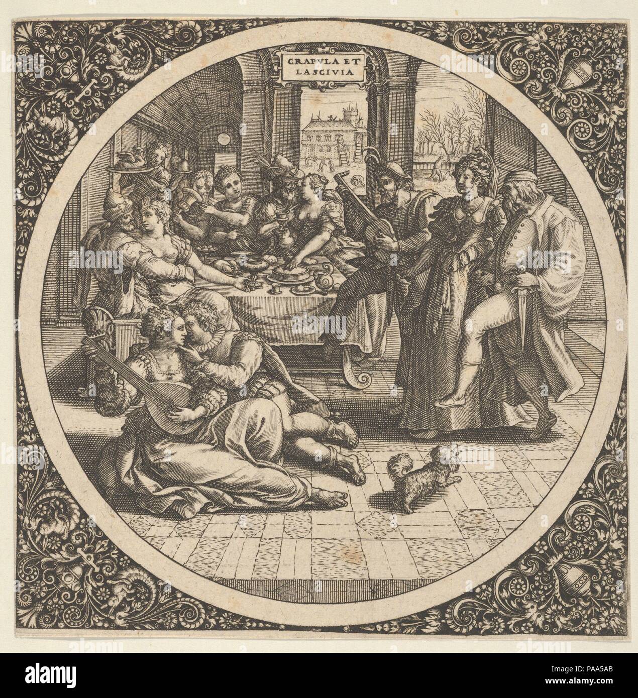 Scene with Galants at a Banquet in a Circle at Center. Artist: Theodor de Bry (Netherlandish, Liège 1528-1598 Frankfurt); after Maerten de Vos (Netherlandish, Antwerp 1532-1603 Antwerp); After Johann Sadeler I (Netherlandish, Brussels 1550-1600/1601 Venice). Dimensions: Sheet: 5 1/4 × 5 3/16 in. (13.3 × 13.1 cm). Date: 1580-1600.  A scene with cavorting couples before a banquet, contained in a circle at center. At right, a couple with the man holding a knife walks left before a lute player. At lower left, a seated couple with the woman playing the lute. Around the central circle, ornamental fl Stock Photo