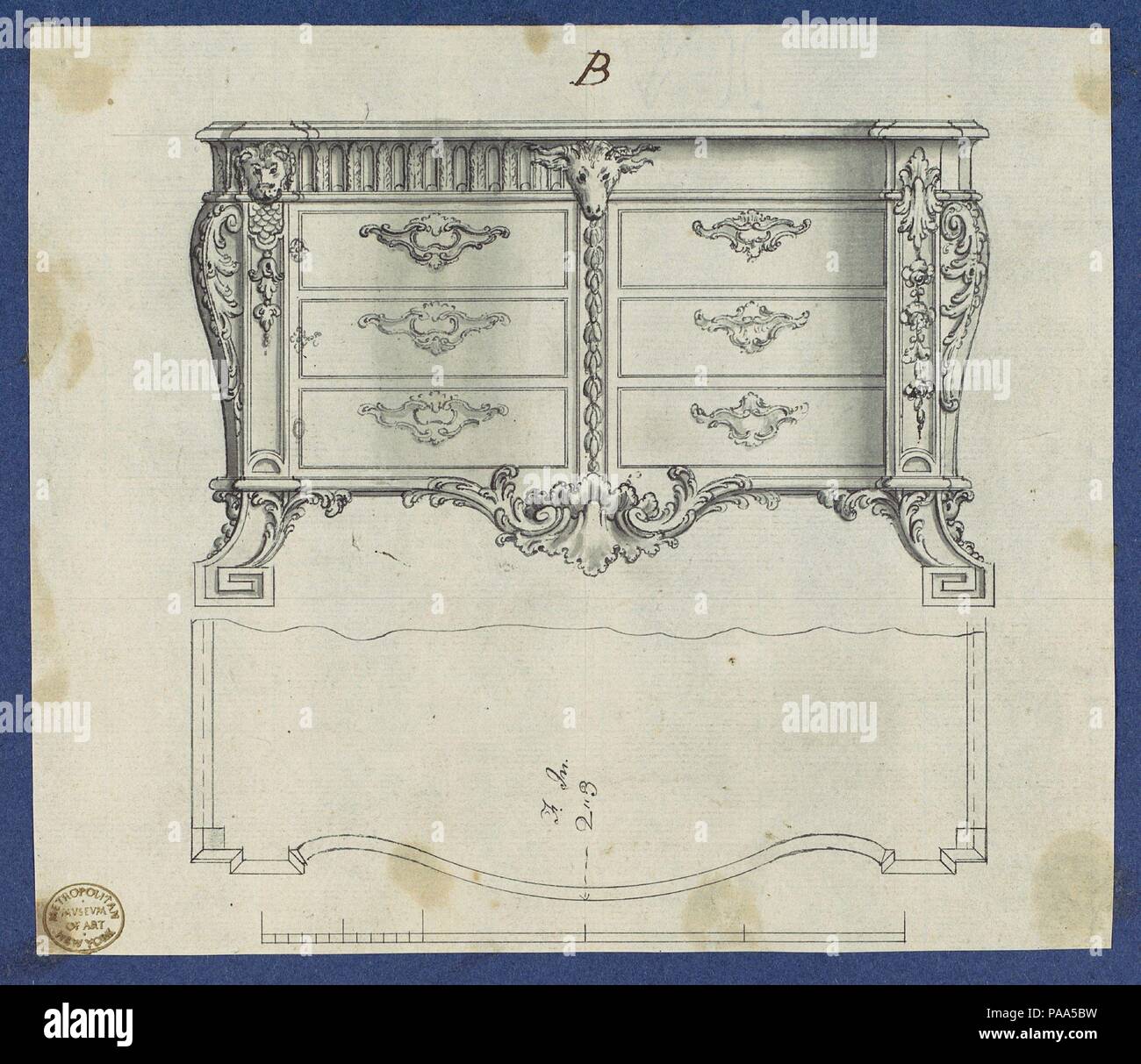 French Commode, from Chippendale Drawings, Vol. II. Artist: Thomas Chippendale (British, baptised Otley, West Yorkshire 1718-1779 London). Dimensions: sheet: 5 3/4 x 6 11/16 in. (14.6 x 17 cm). Published in: London. Date: 1762.  Preparatory drawing for Thomas Chippendale's 'Gentleman and Cabinet Maker's Director'. Published in reverse as the right half of plate LXVIII in the third edition of 1762. Museum: Metropolitan Museum of Art, New York, USA. Stock Photo