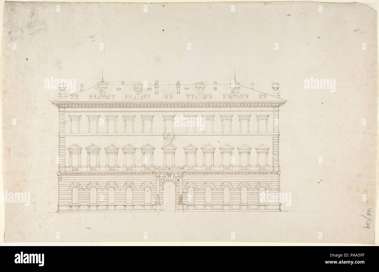 Design for a Public Building in the Italian Renaissance Palazzo Style. Artist: Attributed to Sir Charles Barry (British, London 1795-1860 London). Dimensions: sheet: 9 1/4 x 14 1/2 in. (23.5 x 36.8 cm). Date: ca. 1840. Museum: Metropolitan Museum of Art, New York, USA. Stock Photo