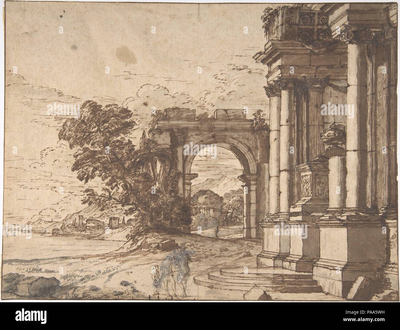 Landscape with Classical Architecture by a Lake. Artist: Anonymous, French, 17th century. Dimensions: 9 3/4 x 12 7/8 in.  (24.8 x 32.7 cm). Date: 17th century. Museum: Metropolitan Museum of Art, New York, USA. Stock Photo