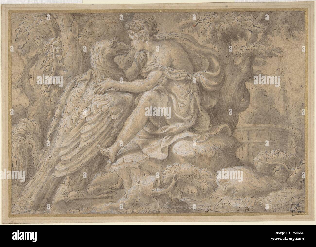 Jupiter and Astraea. Artist: Giulio Campi (Italian, Cremona 1502-1572). Dimensions: Sheet: 6 1/4 x 9 1/8 in. (15.9 x 23.1 cm). Date: ca. 1545-50.  According to Ovid's 'Metamorphoses,' the most consulted mythological text in the Renaissance, when human wickedness forced the Gods to abandon the earthly realm, Astraea, the goddess of Justice, was the last to flee to the heavens where she transformed into the constellation Virgo. In Campi's drawing, Astraea, identified by an inscription at the lower right, Aestrit, is shown not with her scales but rather in an amorous embrace with Jupiter, who has Stock Photo