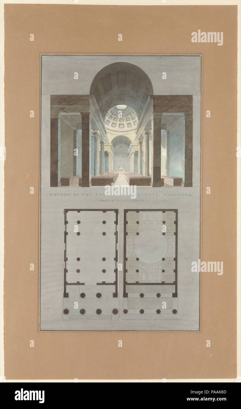 Church of the French Protestants (Eglise Français du Saint Esprit), New York (section and plan). Architect: Designed by Ithiel Town (American, Thompson, Connecticut  1784-1844 New Haven, Connecticut). Artist and architect: Alexander Jackson Davis (American, New York 1803-1892 West Orange, New Jersey). Dimensions: Sheet: 14 3/4 x 8 9/16 in. (37.4 x 21.7 cm). Date: 1831-34.  The design of the portico of this church may have been inspired by William and Henry William Inwood's Saint Pancras New Church, London (1819-22). The interior was based on Christopher Wren's Church of Saint Stephen's Walbroo Stock Photo