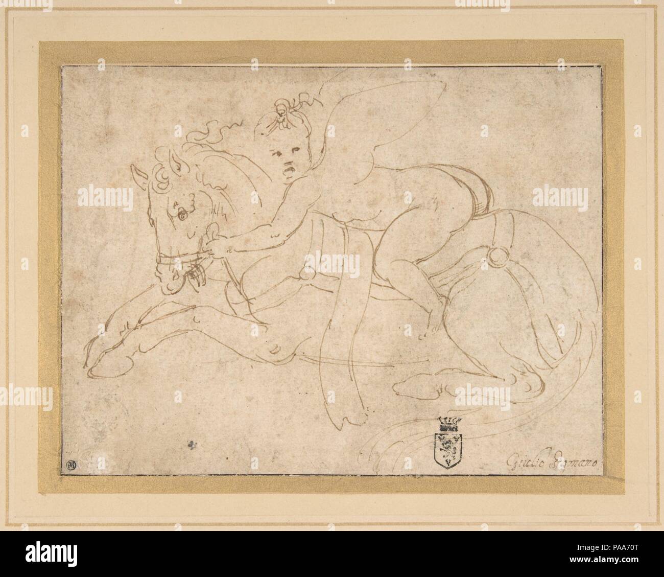 Winged Infant Riding a Crouching Horse. Artist: Giulio Romano (Italian, Rome 1499?-1546 Mantua). Dimensions: sheet: 4 13/16 x 6 3/8 in. (12.2 x 16.2 cm). Date: n.d.. Museum: Metropolitan Museum of Art, New York, USA. Stock Photo